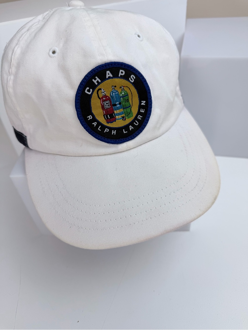 Vintage 90s Chaps Ralph Lauren Scuba Cookie Hat Patch Logo White Ball Cap